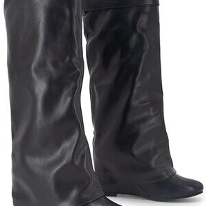 Women's Leather Knee High Boots Wedge Heel Flat Shoes Fall Winter Dress